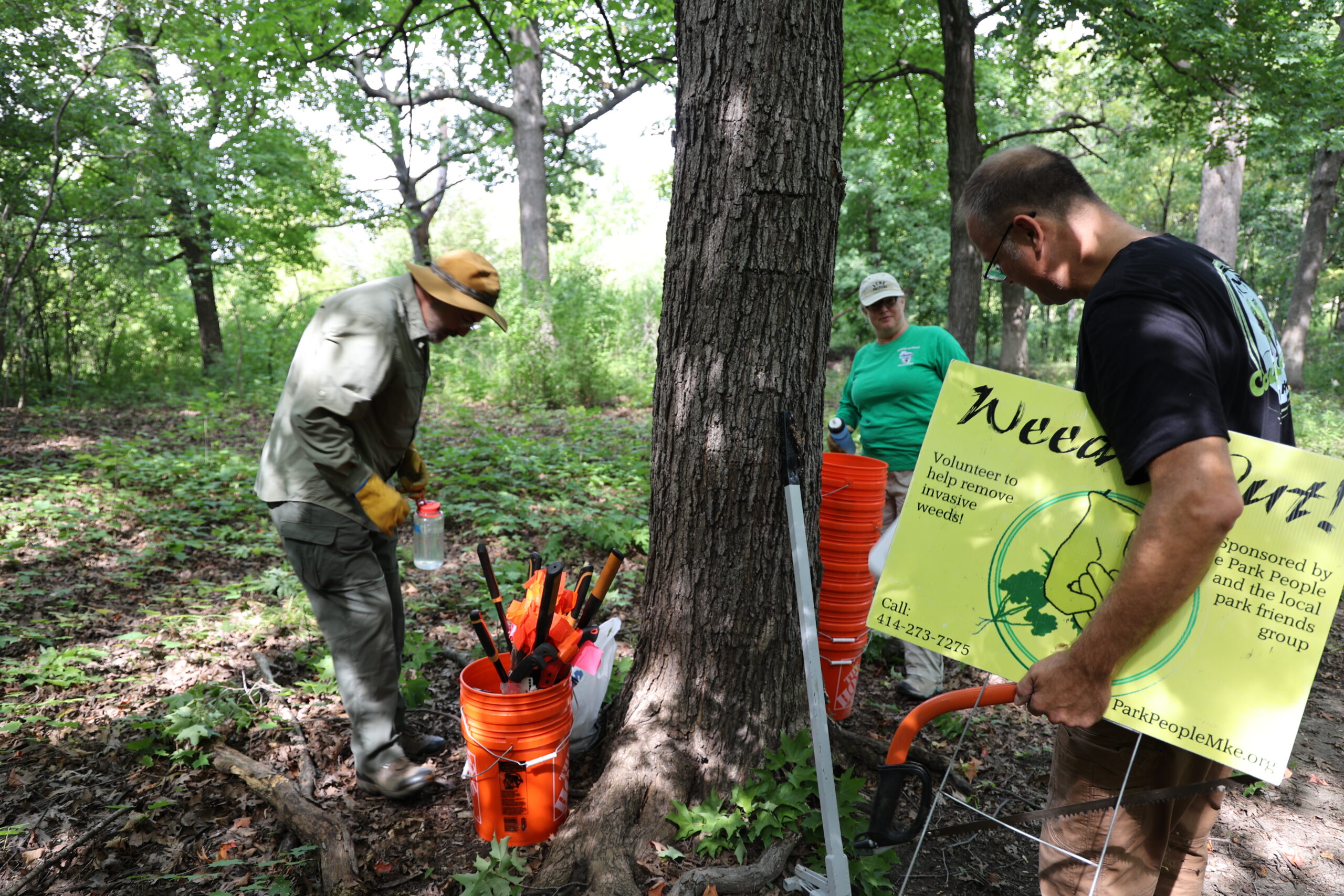David and Lynn Budde and Jonathan Piel (left to right) set out buckets, loppers and other supplies for a buckthorn removal event organized by the Friends of County Grounds Park volunteer group in a forested area called Sanctuary Woods in Wauwatosa.