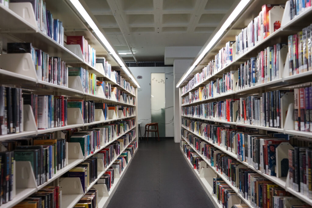 A look into one of the halls with shelves at the Madison Public Library. 