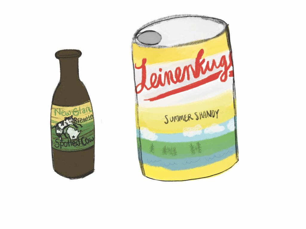 Graphic of a Spotted Cow and Leinenkugels beer. 