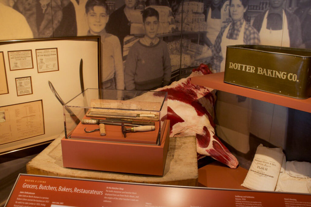 Tools used by Jewish grocers, butchers, bakers, and restauranteurs in Milwaukee displayed in a museum.