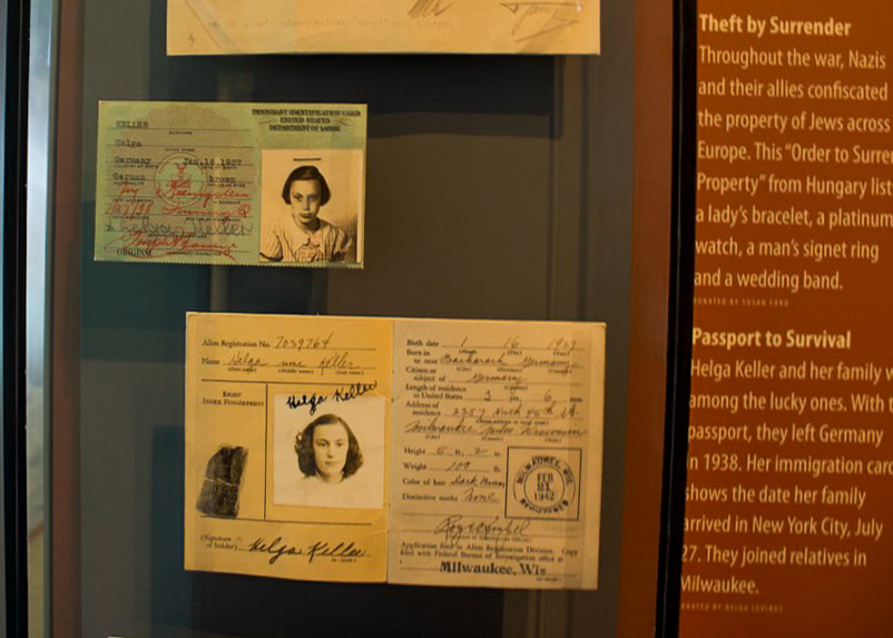 A passport belonging to Helga Keller that she used to flee Nazi occupied Germany to Milwaukee, Wisconsin, displayed in a Museum.