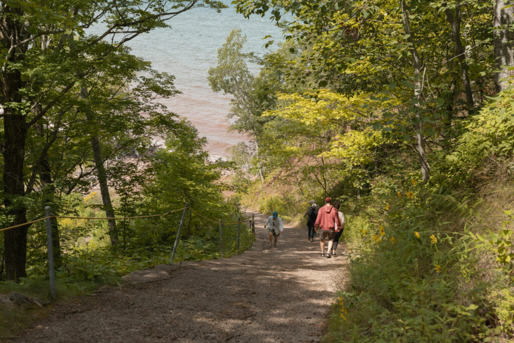 people walking down a hill on a path
